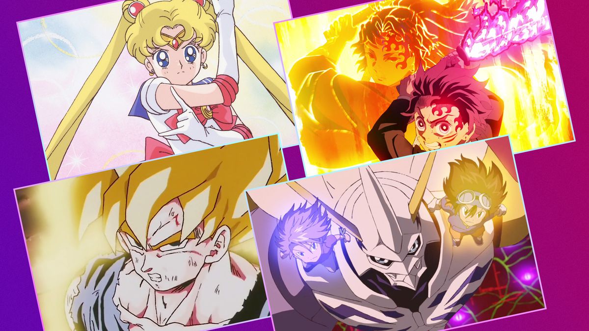 A four-panel header image featuring scenes from several anime including: Sailor Moon, Demon Slayer: Kimetsu no Yaiba, Dragon Ball Z, Digimon Adventure.