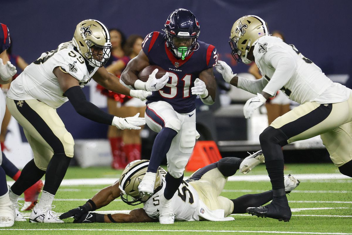 Houston Texans running back Dameon Pierce runs with the ball during the second quarter against the New Orleans Saints at NRG Stadium.&nbsp;