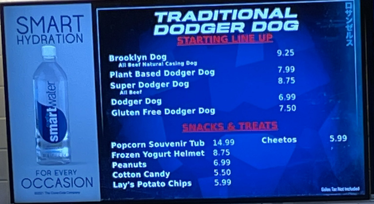 The Brooklyn Dog is available at a handful of concession stands at Dodger Stadium. This one is down the left field line on the field level.