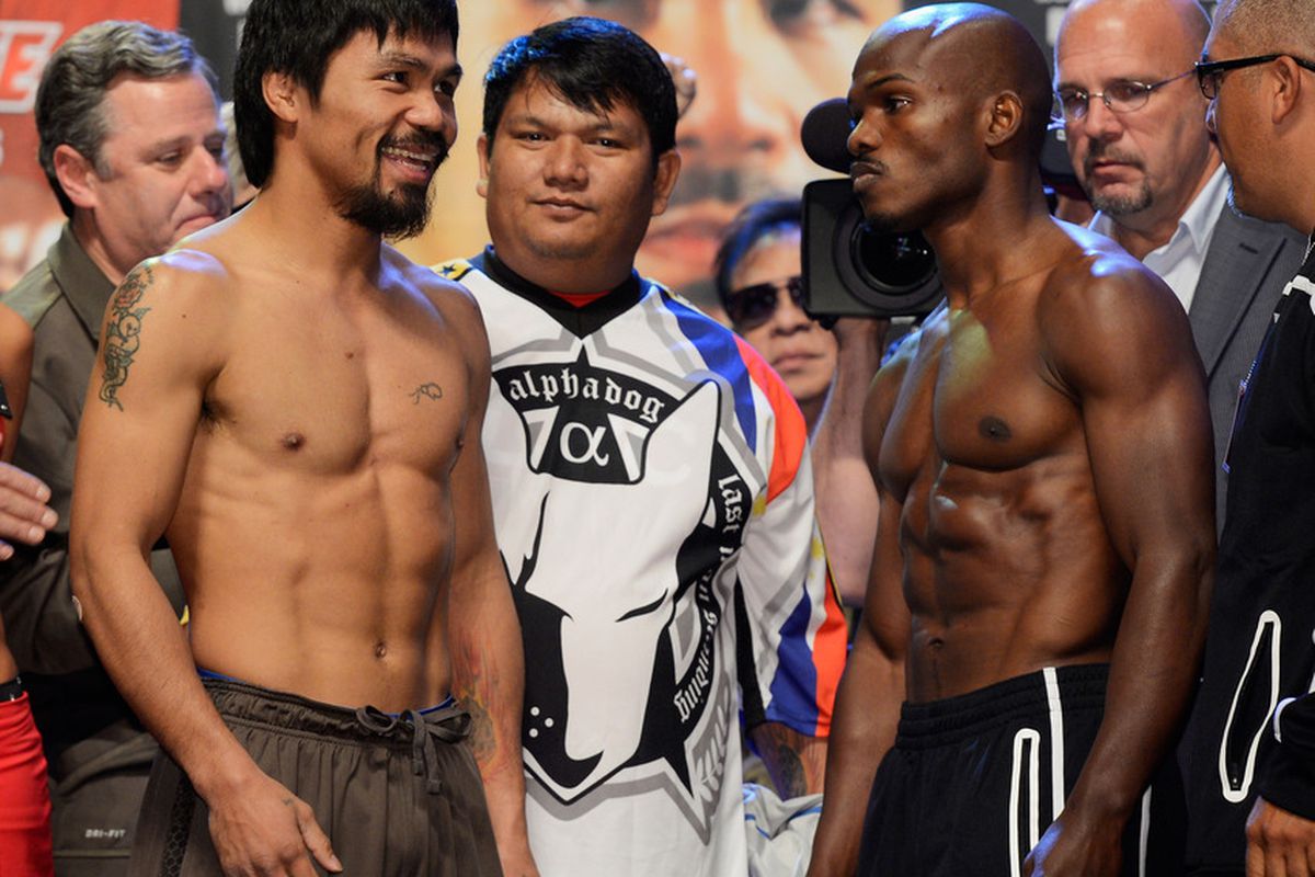 Manny Pacquiao and Timothy Bradley were both on weight today for tomorrow night's main event. (Photo by Kevork Djansezian/Getty Images)