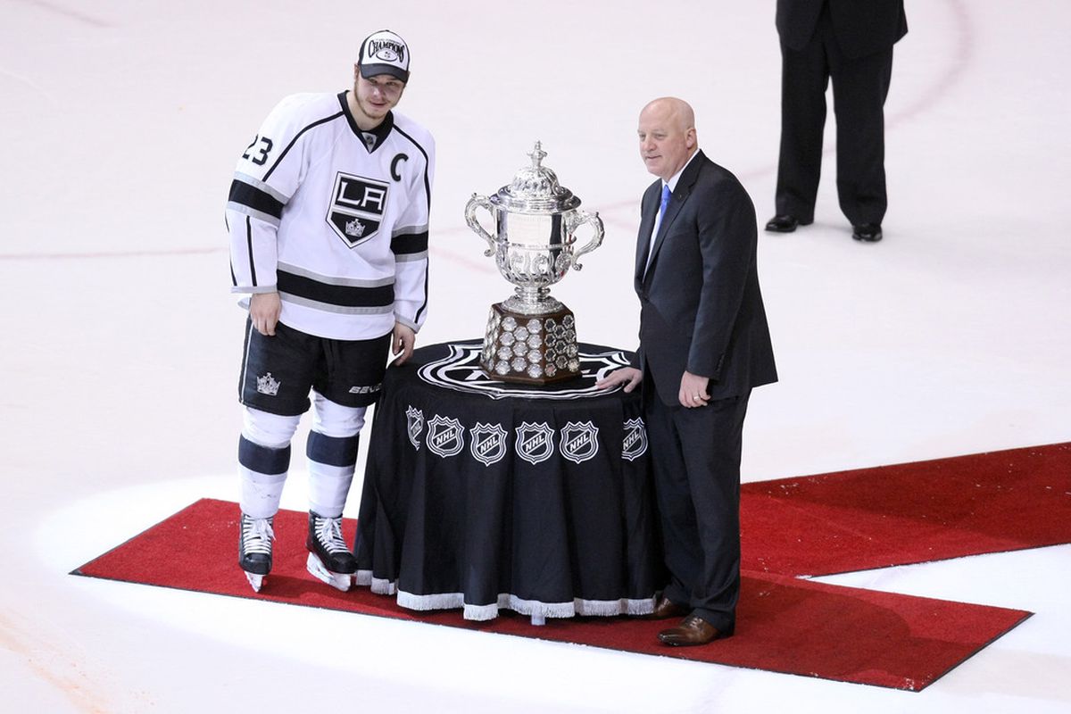 Here's one of the more idiotic traditions in hockey, wherein Kings captain Dustin Brown refuses to even touch the Clarence Campbell Bowl.