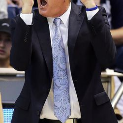 Brigham Young Cougars head coach Dave Rose yells instructions during an NCAA basketball game against Colorado in Provo on Saturday, Dec. 10, 2016.