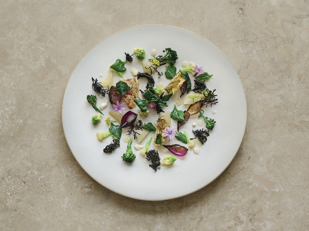 A carefully plated Paradise Valley vegetable salad highlighting farmer Peter Martinelli’s produce, slated for the reopening of Quince in San Francisco