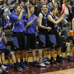 Pleasant Grove's bench cheers after a foul is called to send Riley Court (4) to the line Tuesday night in PG's 78-71 win over Lone Peak.  