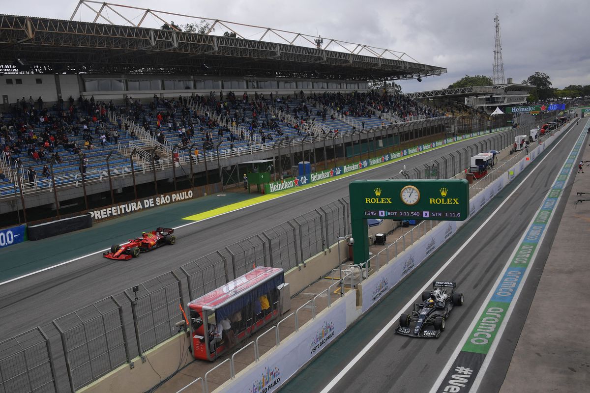 General view taken during a free practice at the Autodromo Jose Carlos Pace, or Interlagos racetrack, in Sao Paulo, on November 12, 2021, ahead of Brazil’s Formula One Sao Paulo Grand Prix.