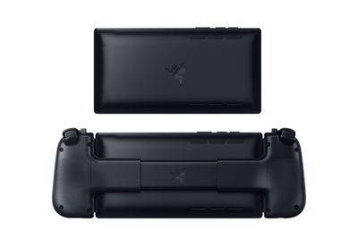 A picture showcasing two Razer Edge tablets. One shows it from the rear without the Kishi V2 Pro attached, and then the bottom shows it from the rear while nested into the Kishi V2 Pro controller that it includes.