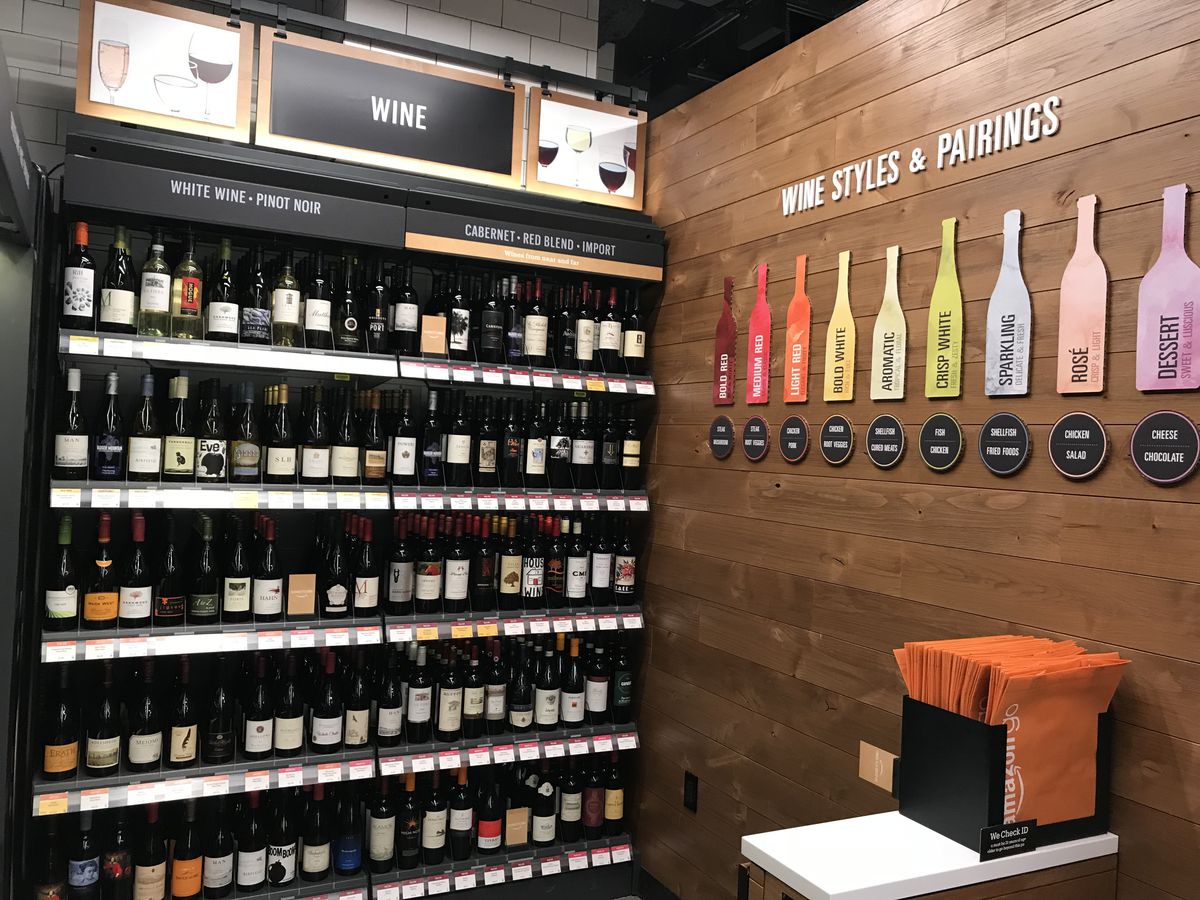 The wine section inside the Amazon Go store in Seattle