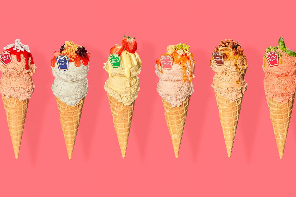 Ice cream cones featuring Heinz condiments on a pink background