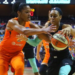 The New York Liberty take on the Connecticut Sun in a WNBA game at Mohegan Sun Arena in Uncasville, CT on July 24, 2019.