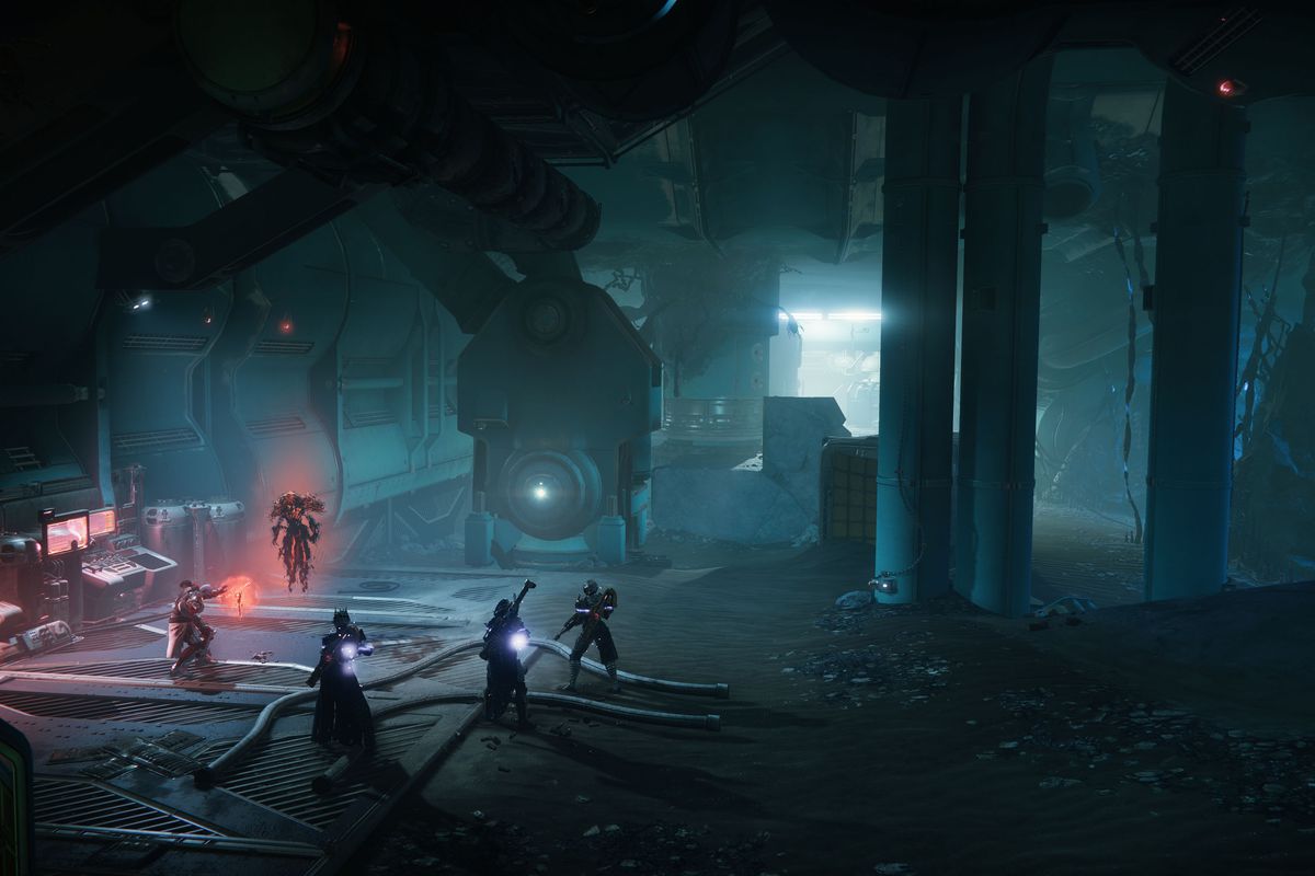 A group of Guardians stand around in the Leviathan’s underbelly