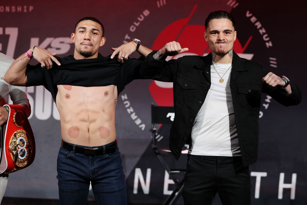 Teofimo Lopez and George Kambosos Jr. pose during a press conference for Triller Fight Club at Mercedes-Benz Stadium on April 16, 2021 in Atlanta, Georgia ahead of their June 5 lightweight title fight.