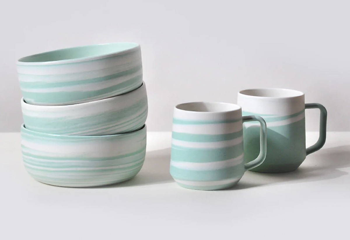 Turquoise-and-white bowls and mugs from Clay Factor.