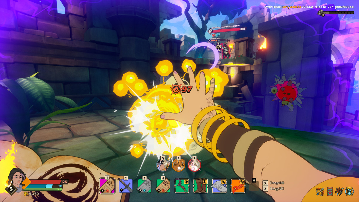 Gameplay first-person view of Mythforce, the character Maggie is casting an attack spell that has exploded on its target in a colorful blast