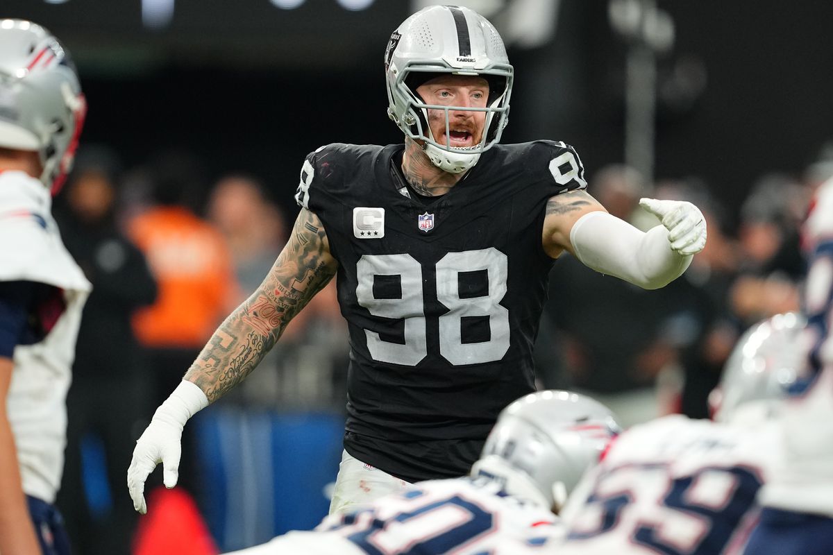 LAS VEGAS, NEVADA - OCTOBER 15: Maxx Crosby #98 of the Las Vegas Raiders prepares for a play against the New England Patriots during the second half of a game at Allegiant Stadium on October 15, 2023 in Las Vegas, Nevada.