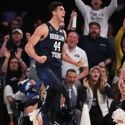 Brigham Young Cougars center Corbin Kaufusi (44) reacts after battling for a rebound and a shot as BYU and Valparaiso play in NIT semifinal action at Madison Square Garden in New York City. BYU loses 70-72 Tuesday, March 29, 2016.