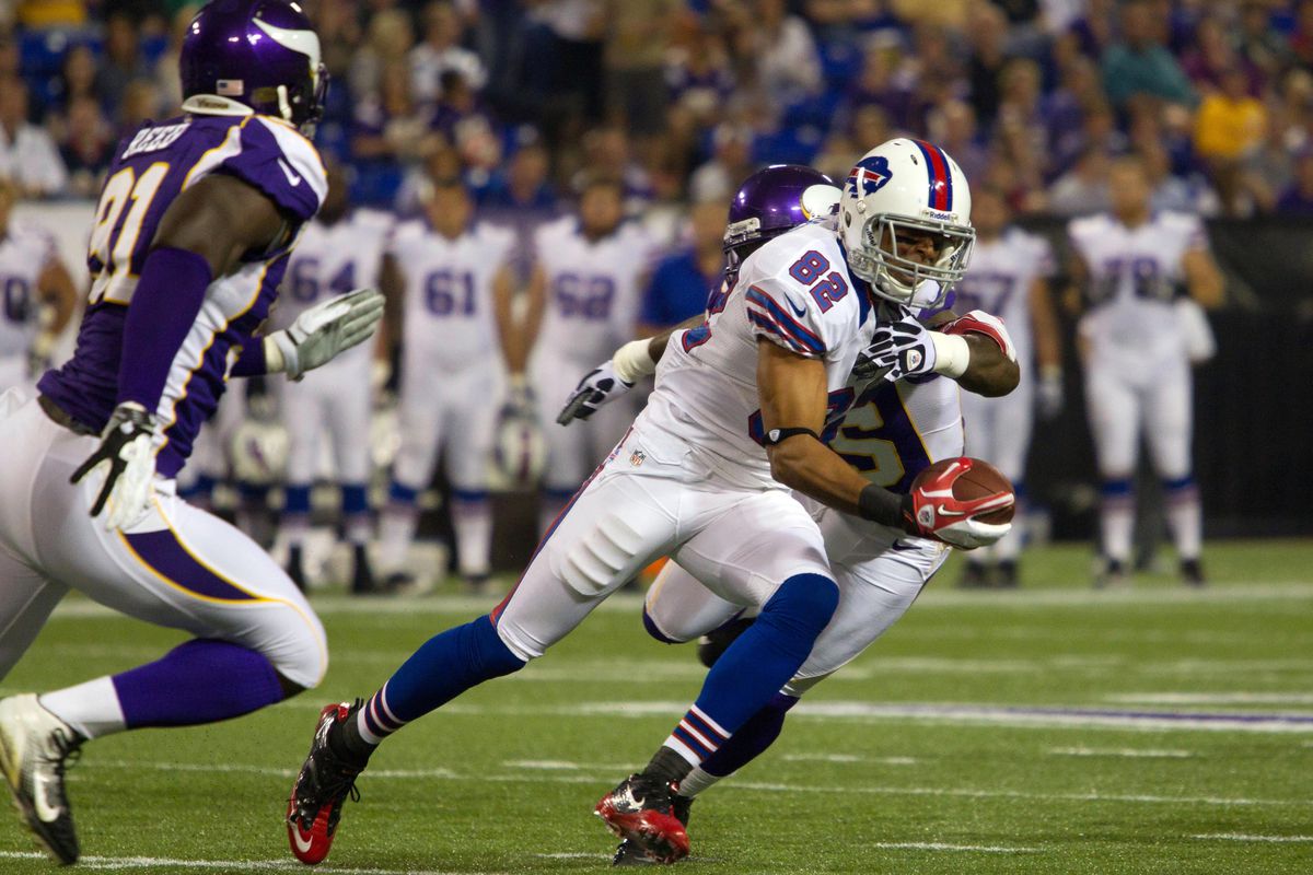 Aug 17, 2012; Minneapolis, MN, USA;  Buffalo Bills wide receiver Ruvell Martin (82) runs after the catch in the third quarter against the Minnesota Vikings at the Metrodome. Mandatory Credit: Brad Rempel-US PRESSWIRE
