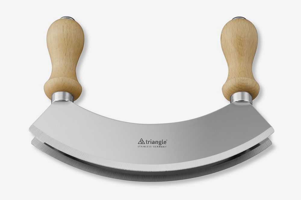 Arch-shaped mezzaluna knife with wooden handles on both ends.
