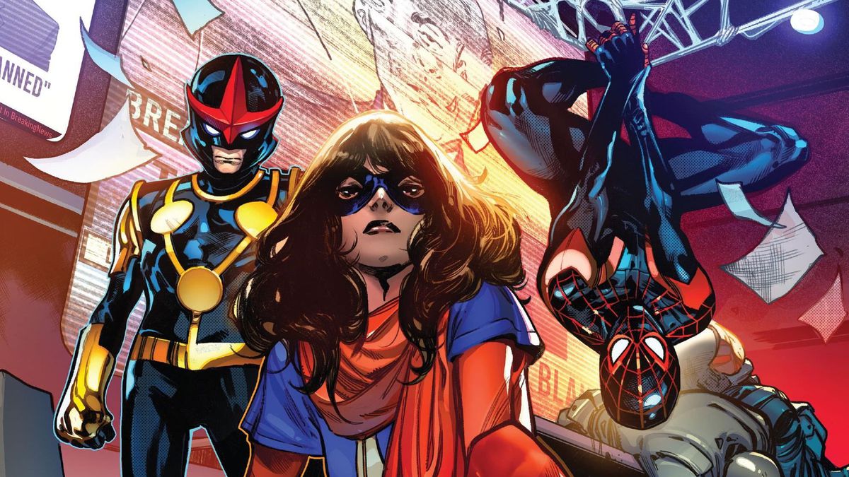 Nova, Ms. Marvel, and Miles Morales/Spider-Man pose, from the cover of Outlawed #1, Marvel Comics (2020).