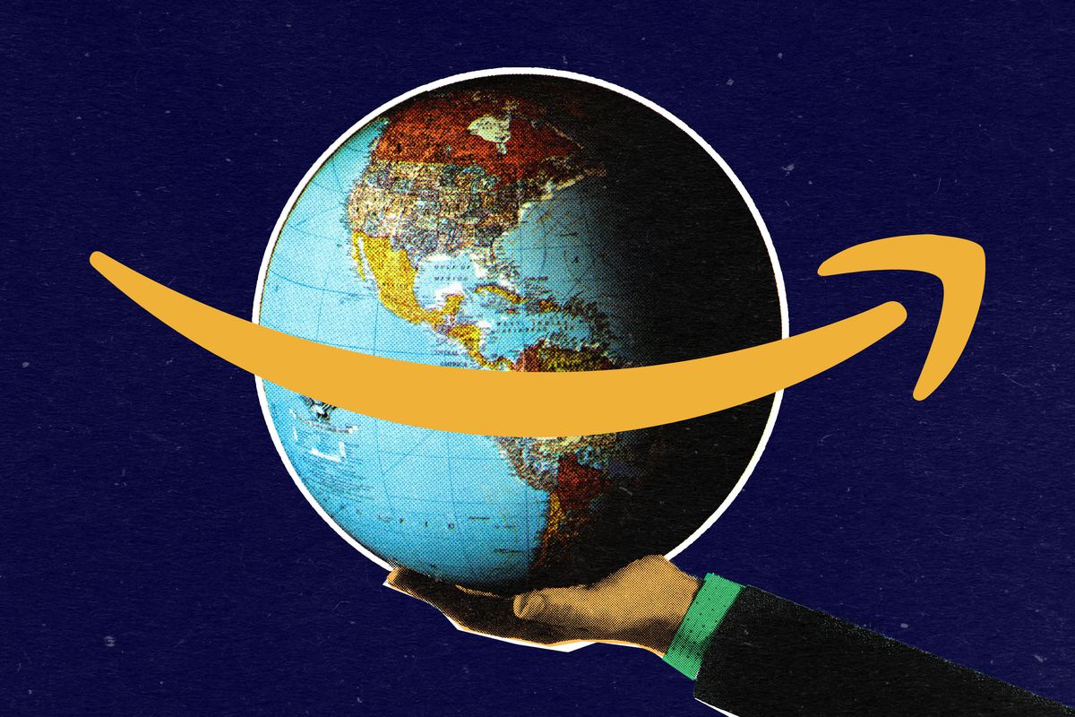 The globe surrounded by an Amazon logo