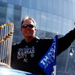 Manager Ned Yost #3 of the Kansas City Royals waves to the crowd during a parade and celebration in honor of the Kansas City Royals’ World Series win on November 3, 2015 in Kansas City, Missouri.