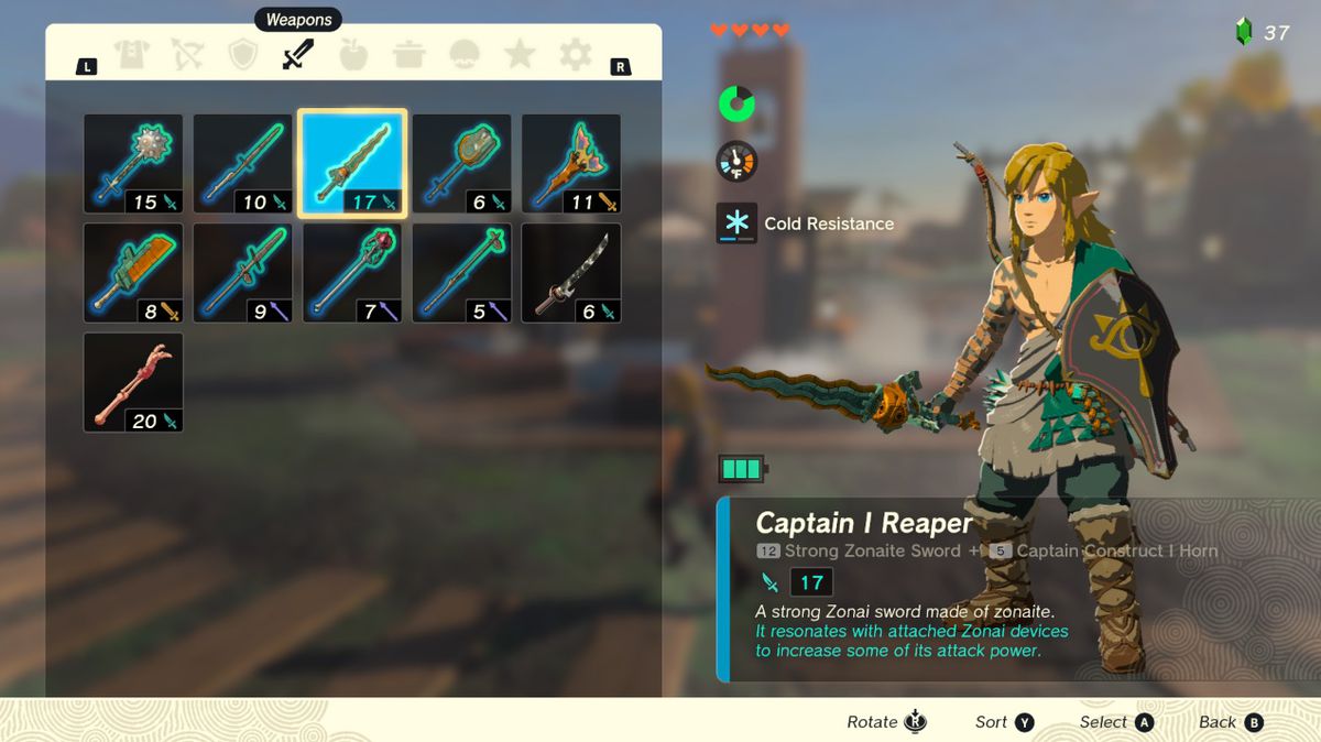 Link wields a strong zonaite sword with increased weapon durability in Zelda Tears of the Kingdom.