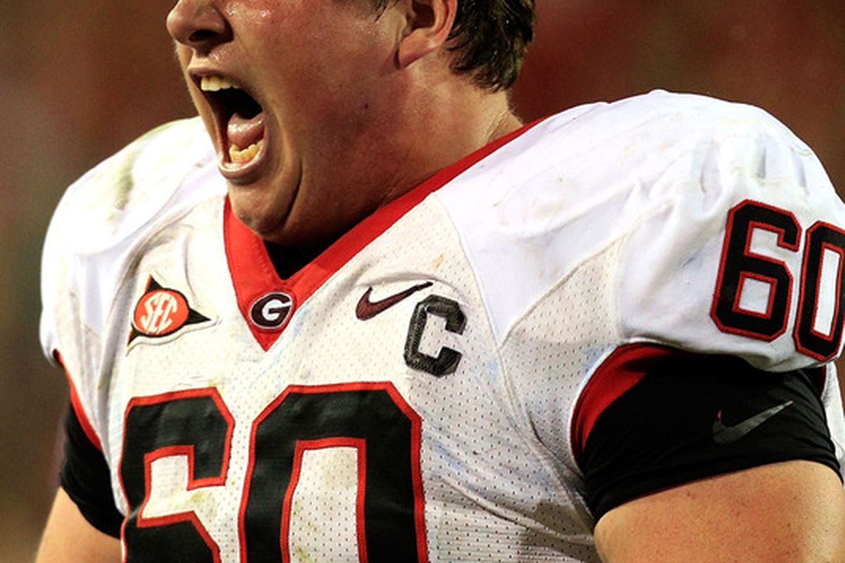 JACKSONVILLE, FL - OCTOBER 29:  Ben Jones #60 of the Georgia Bulldogs reacts after winning the game against the Florida Gators 24-20 at EverBank Field on October 29, 2011 in Jacksonville, Florida.  (Photo by Sam Greenwood/Getty Images)
