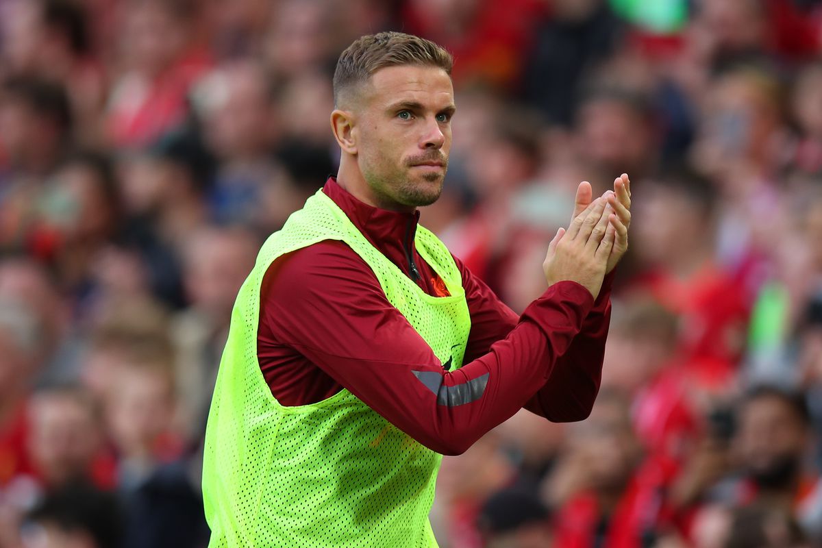 Jordan Henderson of Liverpool applauds the fans during the Pre-Season Friendly fixture between Liverpool and Osasuna at Anfield on August 9, 2021 in Liverpool, England.
