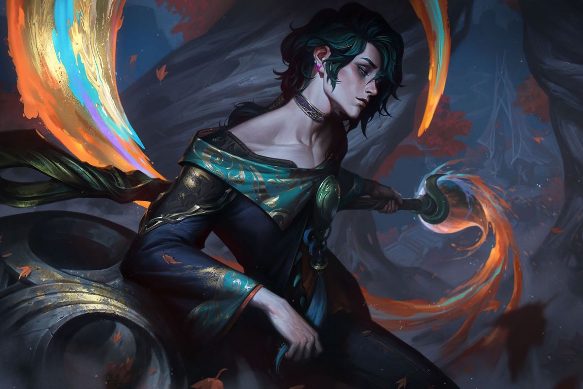 Splash art for Hwei, the Visionary, a young man with a brooding appearance and dark hair. Colorful paint from his magical paintbrush swirls dramatically behind him.