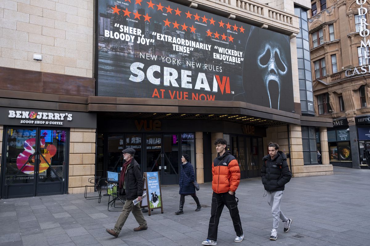 Poster for the horror movie Scream VI outside the Vue cinema in Leicester Square on 27th March 2023 in London, United Kingdom. Leicester Square is a pedestrianised square in the West End of London known for its many cinemas.