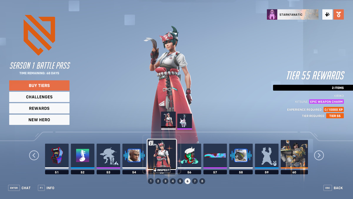 The battle pass tier menu with Kiriko, the newest Overwatch 2 hero, and a collection of other cosmetic items