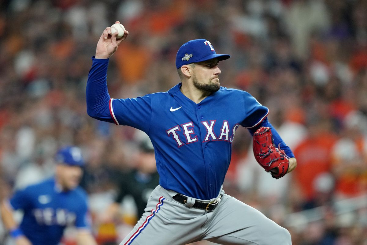 Nathan Eovaldi of the Texas Rangers pitches during Game 6 of the ALCS between the Texas Rangers and the Houston Astros at Minute Maid Park on Sunday, October 22, 2023 in Houston, Texas.