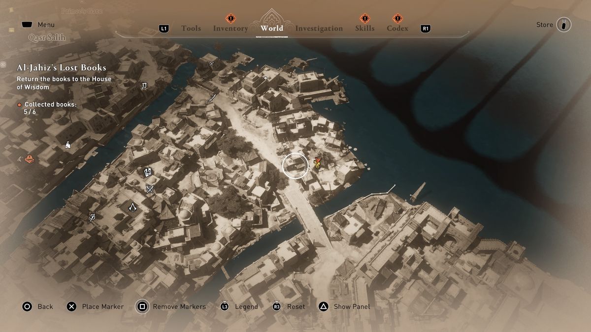 A map shows the location of a Dervis’ Artifact in AC Mirage.