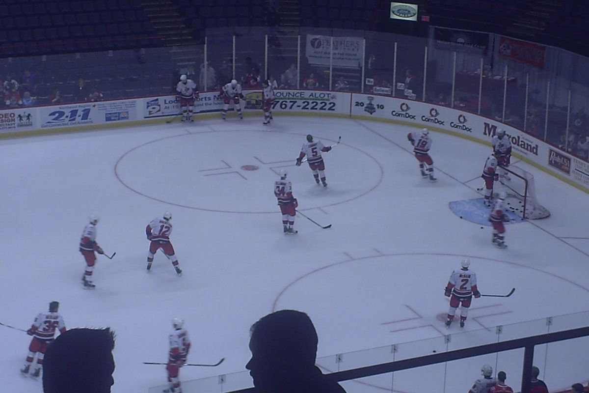 River Rats warming up for game four at the Times Union Center in Albany, New York.
