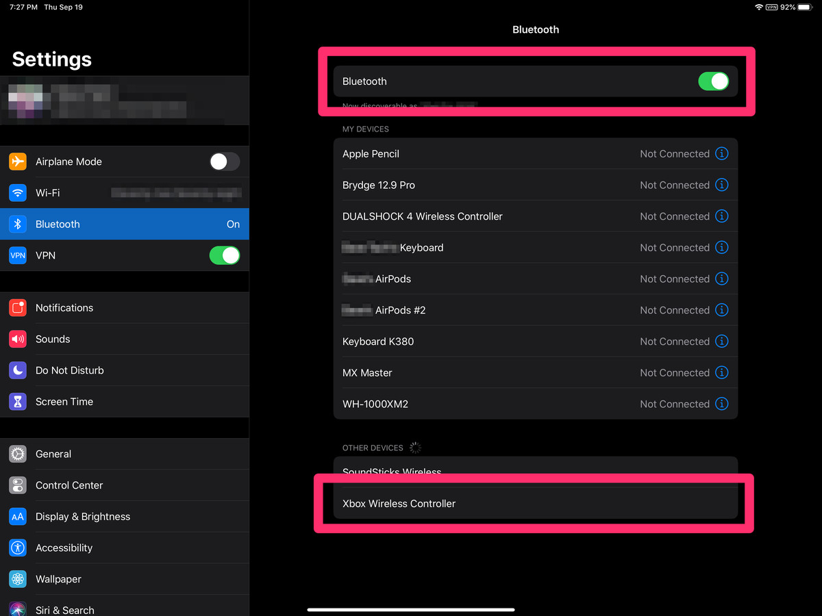 Connecting an Xbox One controller to an iPad in the Bluetooth settings screen 