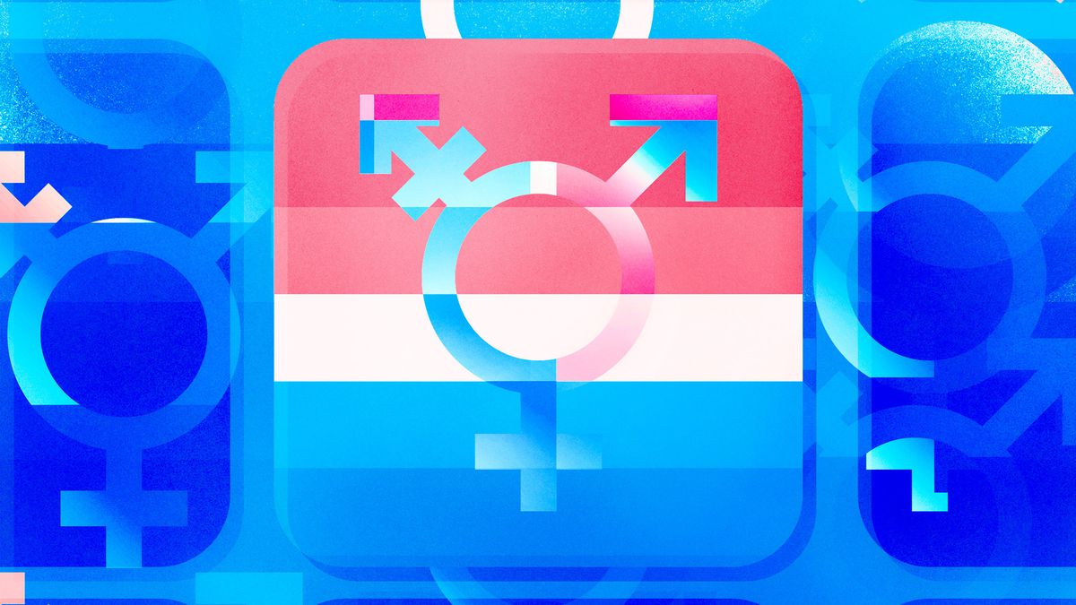 The transgender symbol in a square that looks like an app icon, overlapping with stripes of pink, white, and blue. Glitchy iterations of the symbol appear in the blue background.