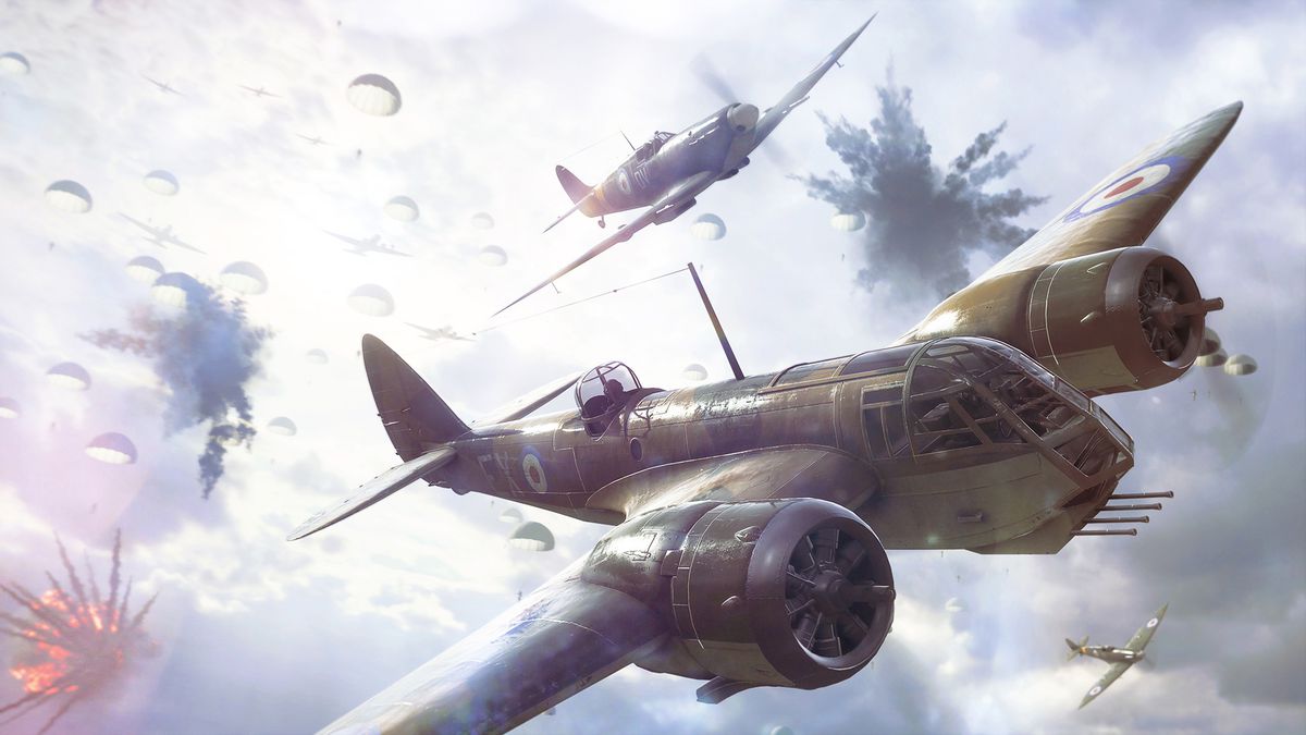 A British medium bomber flanked by Spitfires in concept art for Battlefield 5.
