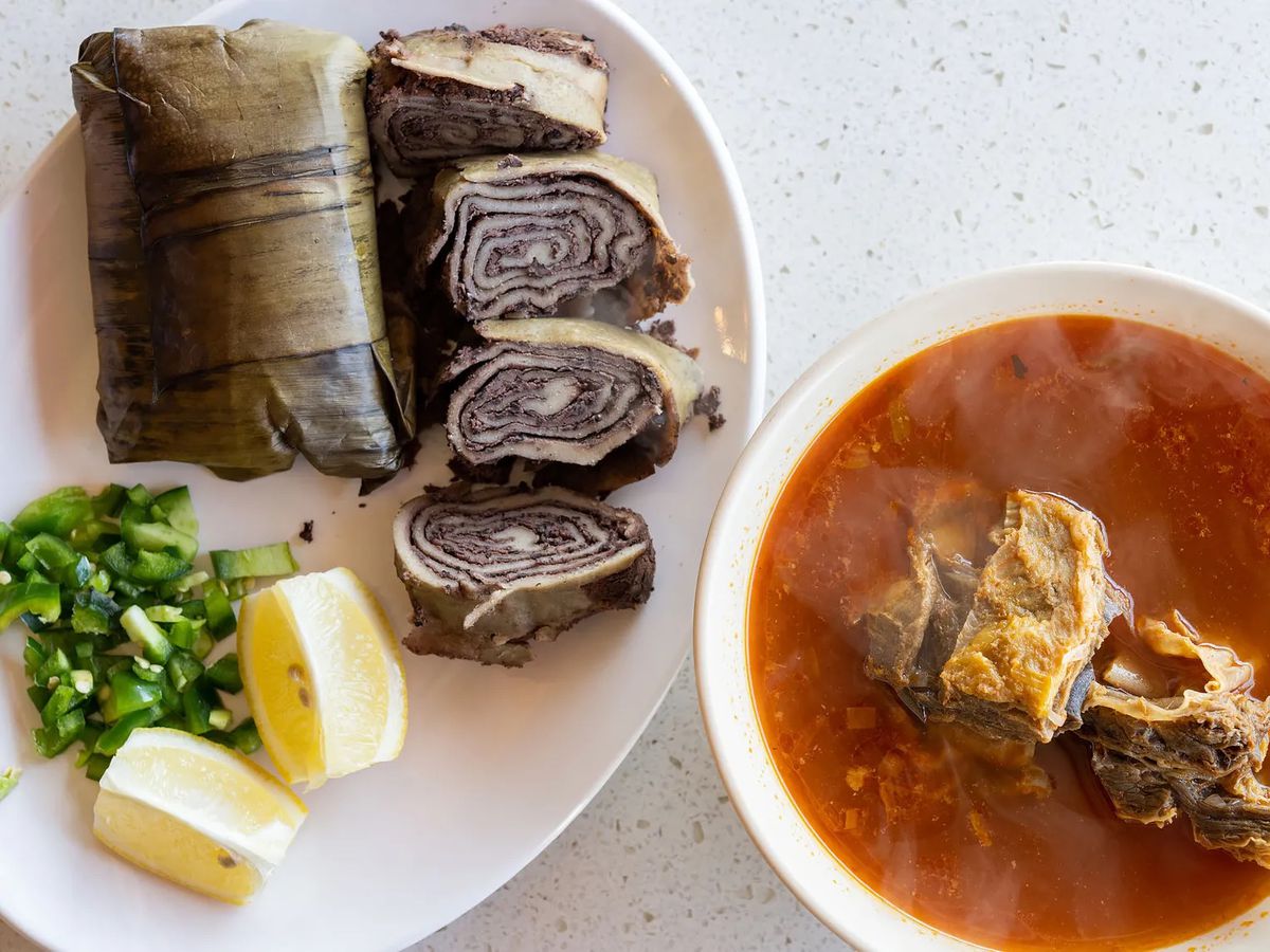 A bowl of beef-rib soup and a side of bean tamales from Casa Tlayuda.