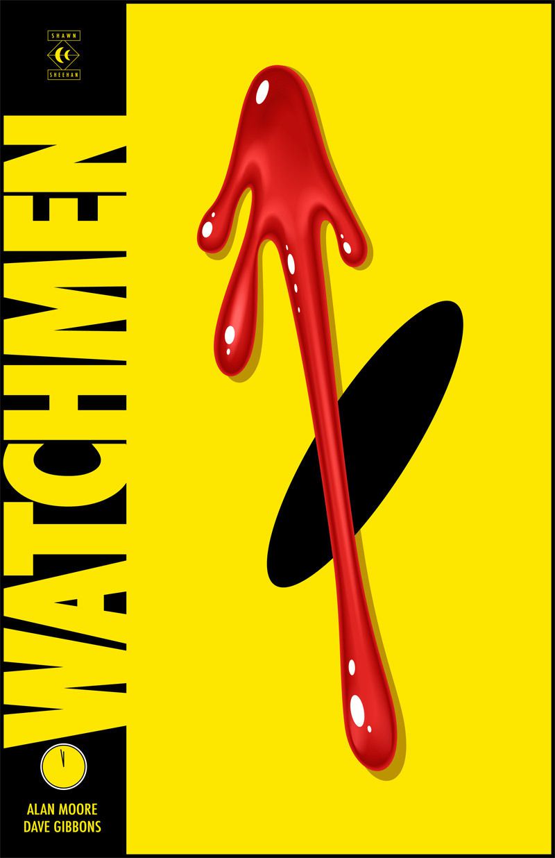 A shiny splat crosses a black oval on a bright background: The zoomed in look of blood splatter on the eye of a smiley-face button on the cover of Watchmen. 