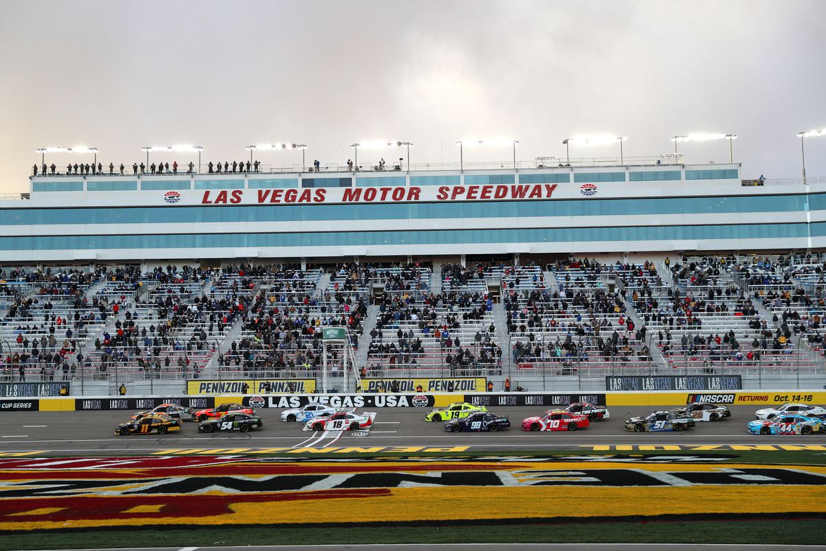 A general view of the restart during the NASCAR Xfinity Series Alsco Uniforms 300 at Las Vegas Motor Speedway on March 05, 2022 in Las Vegas, Nevada.