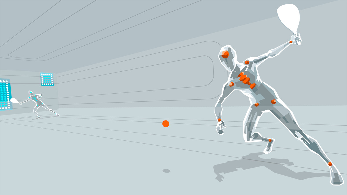 A wireframe figure in a plain offwhite space winds up to hit an orange ball with a racquet in C-Smash VRS