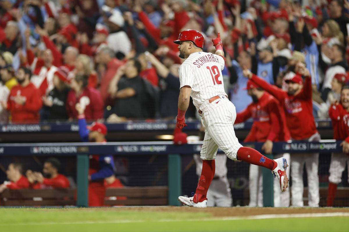Kyle Schwarber of the Philadelphia Phillies reacts to a sixth inning solo home run against the Arizona Diamondbacks during Game Two of the Championship Series at Citizens Bank Park on October 17, 2023 in Philadelphia, Pennsylvania.