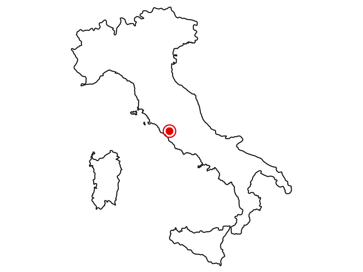 A map of Italy with a red dot indicating Rome. 