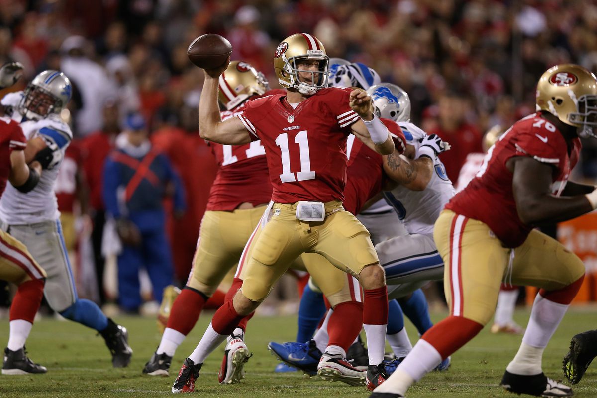 SAN FRANCISCO, CA - SEPTEMBER 16:  Alex Smith #11 of the San Francisco 49ers passes the ball during their game against the Detroit Lions at Candlestick Park on September 16, 2012 in San Francisco, California.  (Photo by Ezra Shaw/Getty Images)