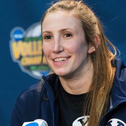 BYU's Jennifer Hamson talks during a press conference on Friday afternoon. The BYU women's volleyball team is preparing for its national championship match against Penn State at the NCAA Women's Volleyball Championships in Oklahoma City on Saturday.