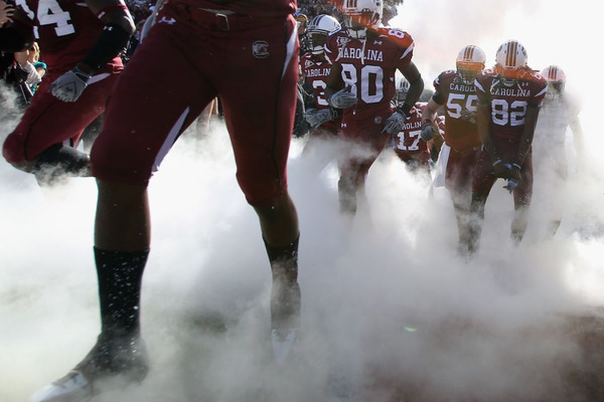 COLUMBIA SC - OCTOBER 30:  The South Carolina Gamecocks run on to the field against the Tennessee Volunteers at Williams-Brice Stadium on October 30 2010 in Columbia South Carolina.  (Photo by Streeter Lecka/Getty Images)