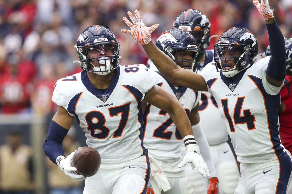 Denver Broncos tight end Noah Fant celebrates after scoring a touchdown during the first quarter against the Houston Texans at NRG Stadium