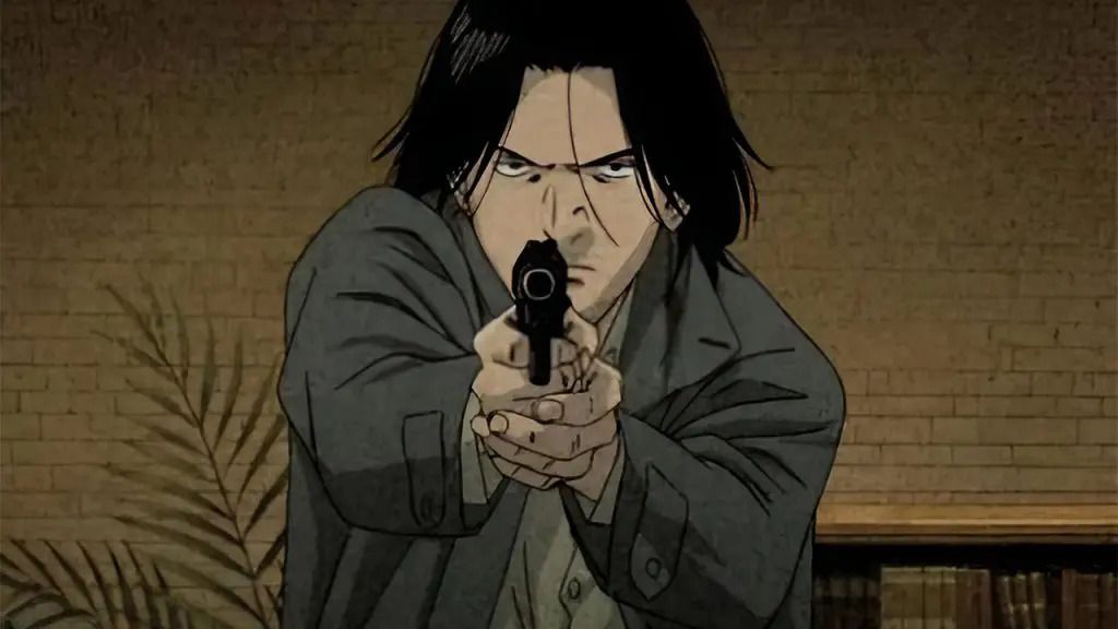 A dark, long-haired anime man in a grey jacket holding and aiming a pistol with both of his hands