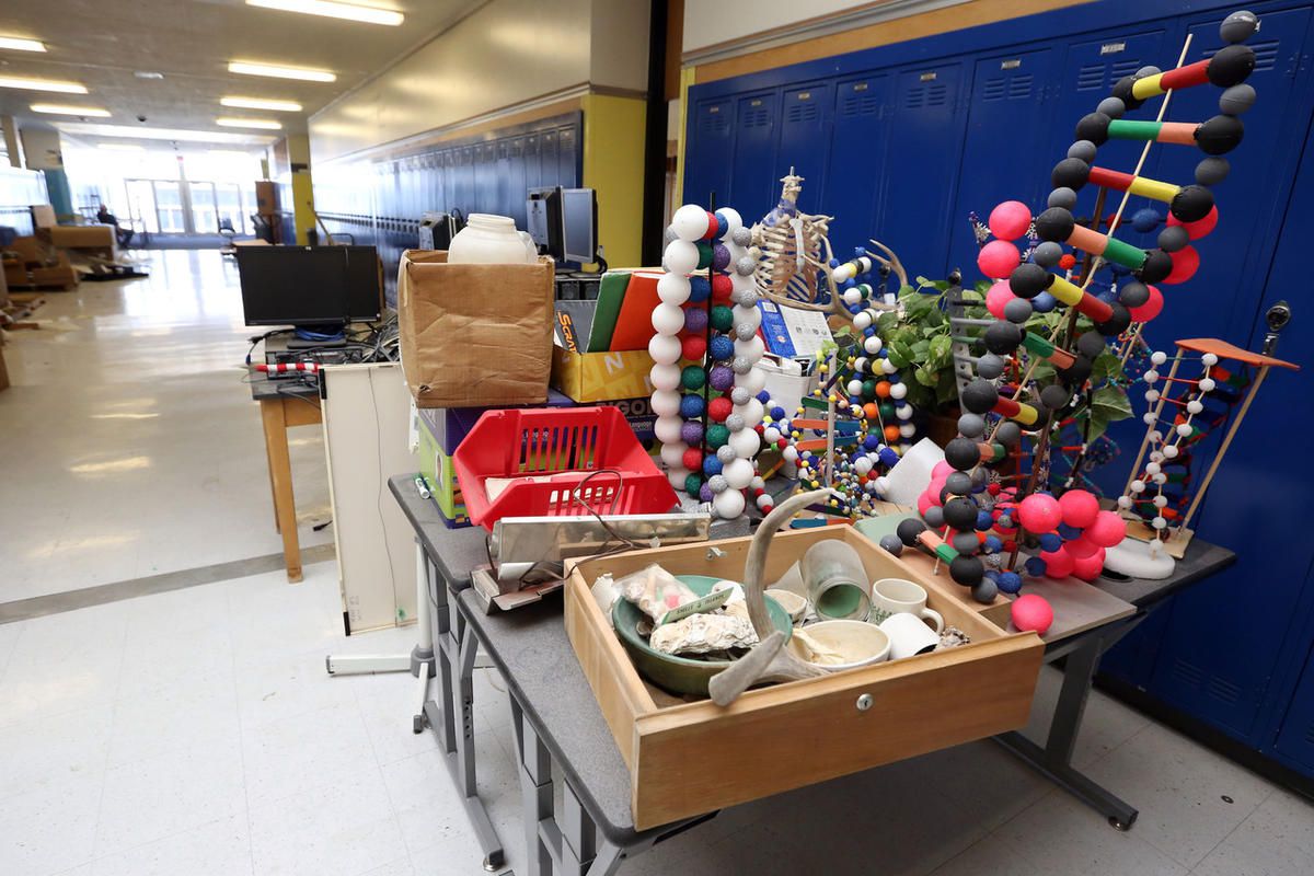 Classroom items fill the hallways at Skyline High School as work is done on the classrooms in Millcreek on Tuesday, Aug. 15, 2017.
