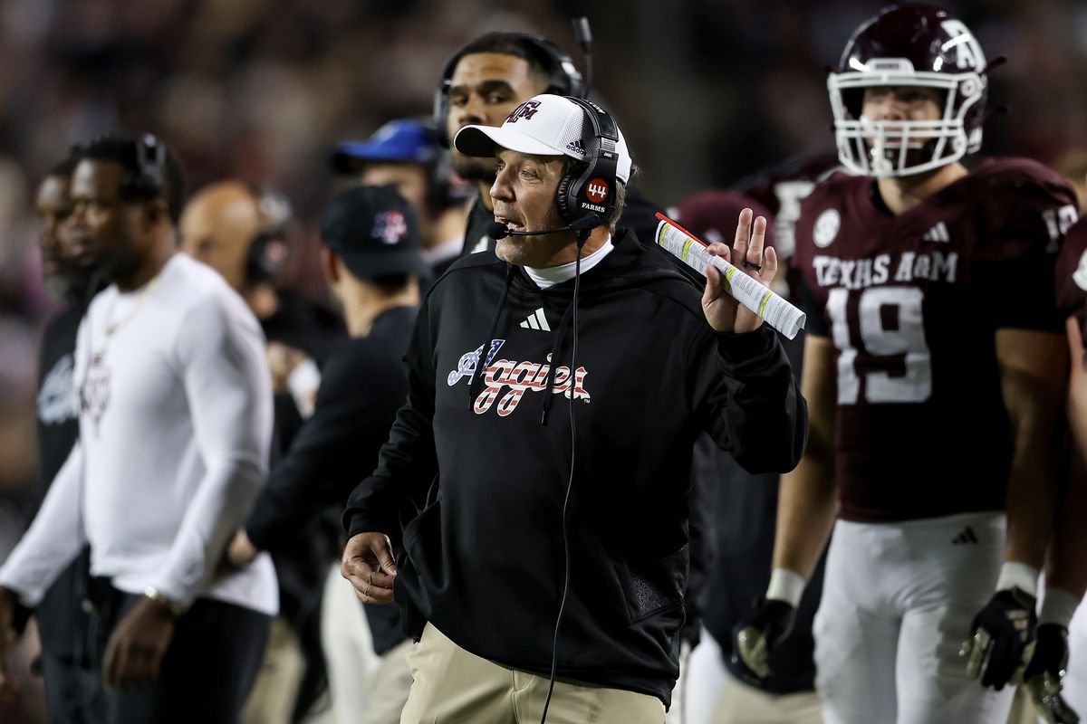 Head coach Jimbo Fisher of the Texas A&amp;M Aggies reacts during the game against the Mississippi State Bulldogs at Kyle Field on November 11, 2023 in College Station, Texas.