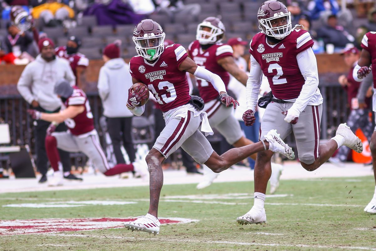 Mississippi State Bulldogs cornerback Emmanuel Forbes returns an interception during the game between the Mississippi State Bulldogs and the East Tennessee State Buccaneers on November 19, 2022 at Davis Wade Stadium in Starkville, MS.